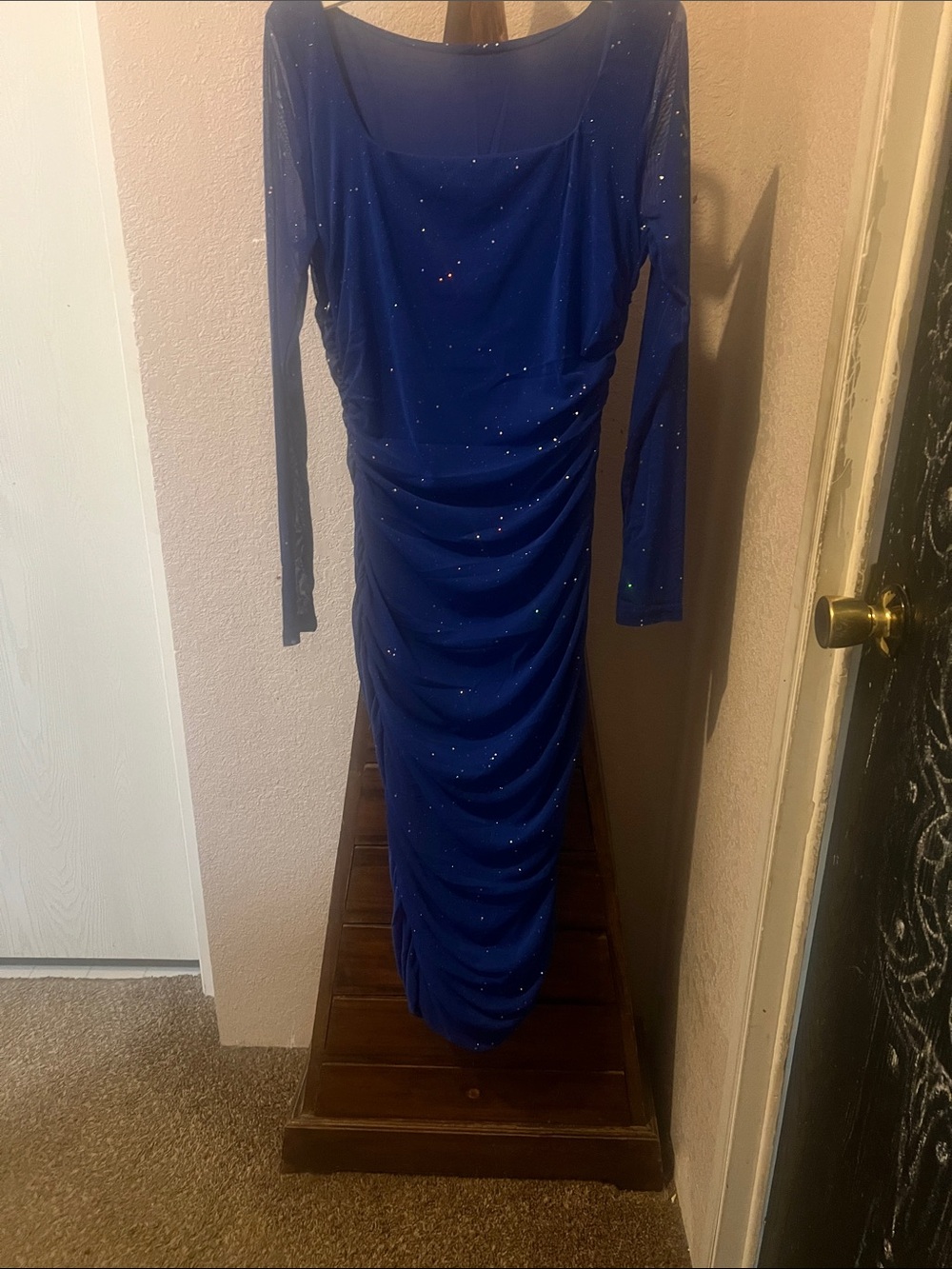 Moeencn Elegant Royal Blue Long-Sleeve Ruched Evening Dress
